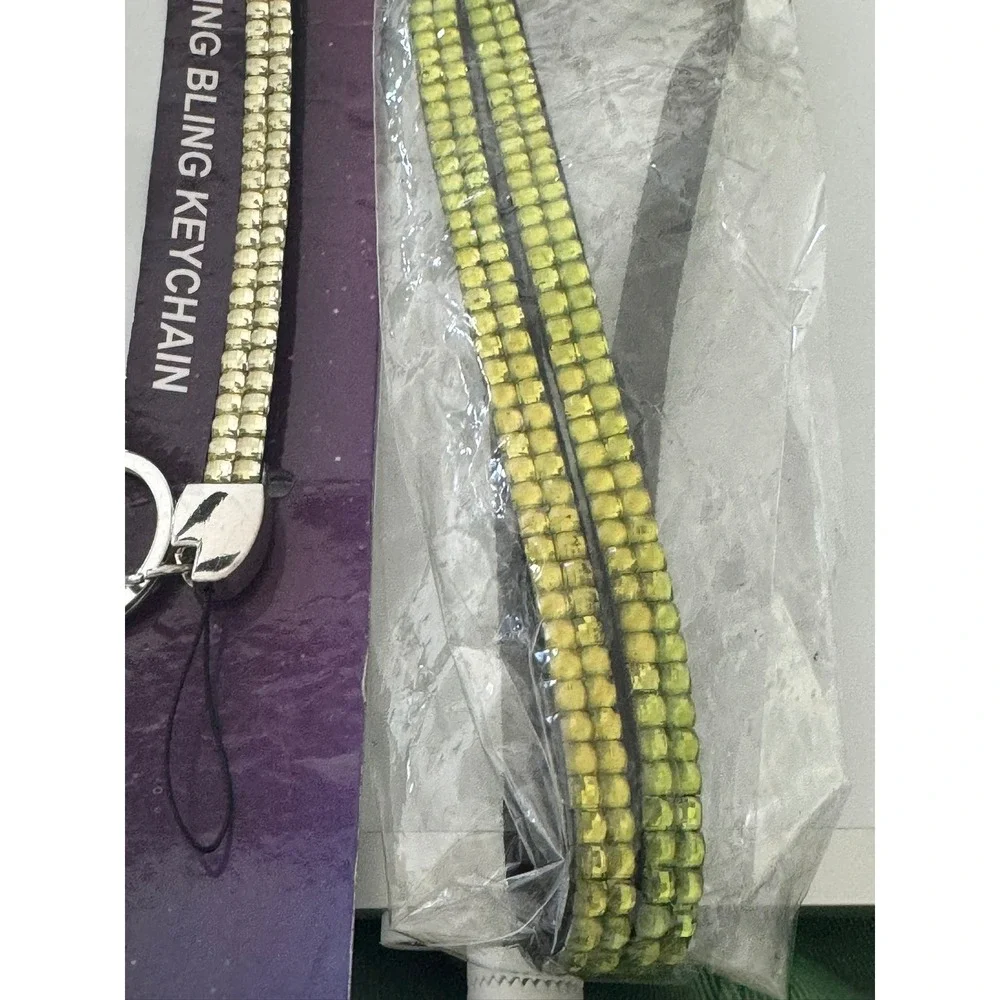 Bling Bling Keychain Set 2pc Lime Green‎ Rhinestone Lanyard Silver Tone Hardware